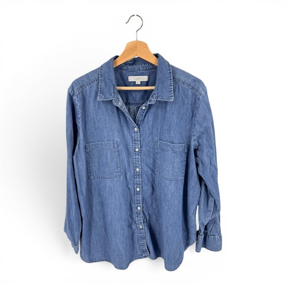 LOFT Chambray Button Front Dual Chest Pocket Long Sleeve Shirt Blue Size XXL